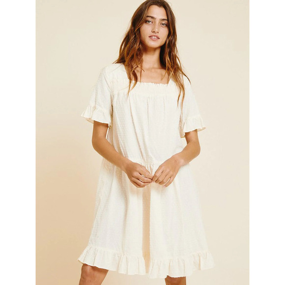 Ces Femme Dresses & Skirts - White Ivory Smocked Square Neck Ruffle Hem Dress